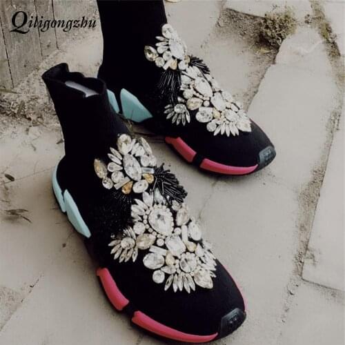 2019 Crystals Sock Sneakers Boots Sport Female Flat Polyester Spandex Ankle Length Rhinestones Sock Sneakers Casual Shoes Spring
