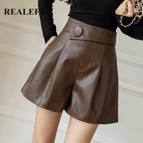 REALEFT Autumn Winter Button Womens Faux PU Leather Shorts 2021 New High Waist Ladies Elegant Short Trousers Pocket Female