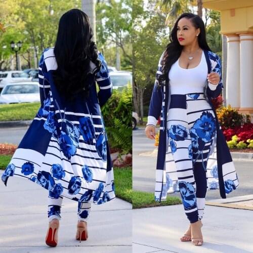 Women Trouser Suit African Dashiki New Fashion Long Sleeve Print Coat Cape Tights 2 Piece Trousers Spring Autumn CasualSuit
