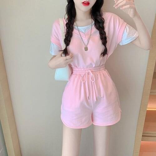 GGRIGHT Summer Cotton Sets Women Casual Two Pieces Short Sleeve T Shirts and High Waist Short Pants Patchwork Outfits Tracksuit