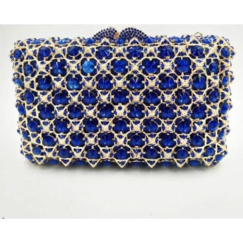 Luxury Blue Rhinestone Crystal Purse Evening Diamond Clutches Bags Fashion Shape Shape Gemstone Gold Metal Women Mini Phone Case