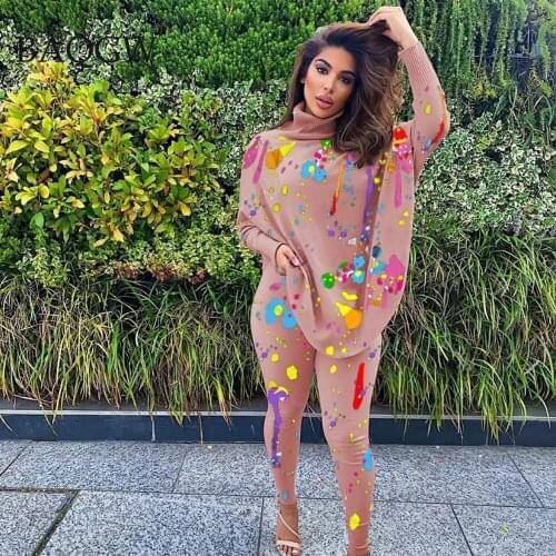 Autum Fashion Leisure Printing Batwing Sleeve Top + Pants Two Piece Tracksuit Casual Turtleneck Winter Women Clothes Outfits