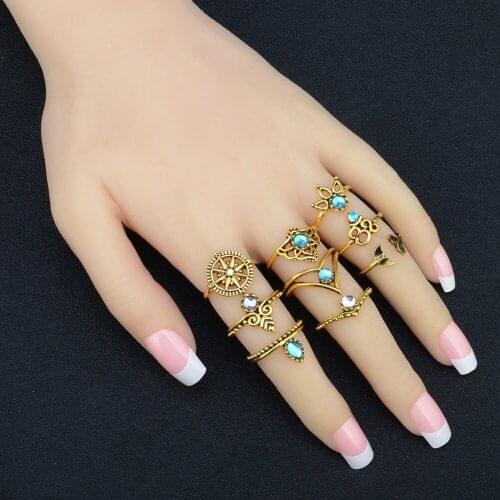 Retro fashion element compass mermaid tail gemstone 9-piece joint ring personality girl ring jewelry accessories