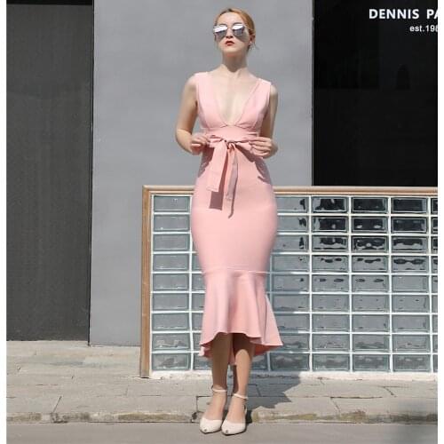 2021 Summer Womens Clothes Sleeveless Halter V-neck Waist Bow Bodycon Bandage Dress Celebrity Runway Party Mermaid Dresses
