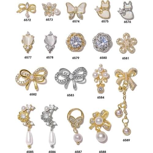1pcs Gold Design Line Stone Cat Bow Pearls Nail Studs Nails Art Parts for Nail UV Gel Polish Decoration of Nail Accessories