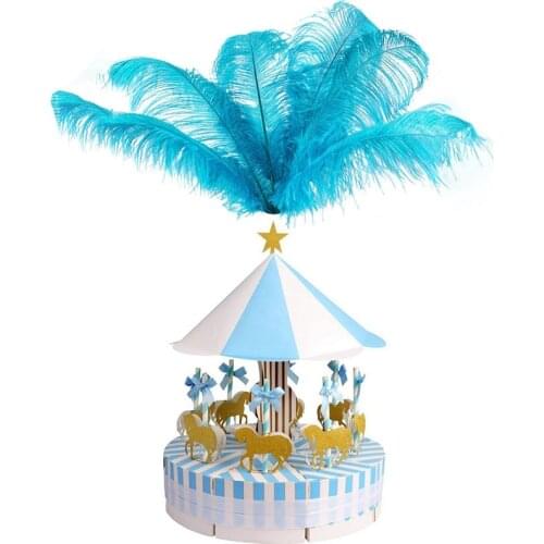 10 Pcs Natural Ostrich Feathers Decoration Lake Blue 20-25cm & 1 Set Carousel Wedding Favor Boxes Candy Boxes Gifts Box