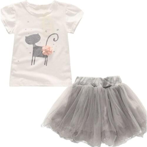2pcs Baby Girls Summer Infant Dress Set Short Cotton Sleeve Cute Kitten Printed Suit T-shirt+Skirt Tutu Skirt Clothing Set