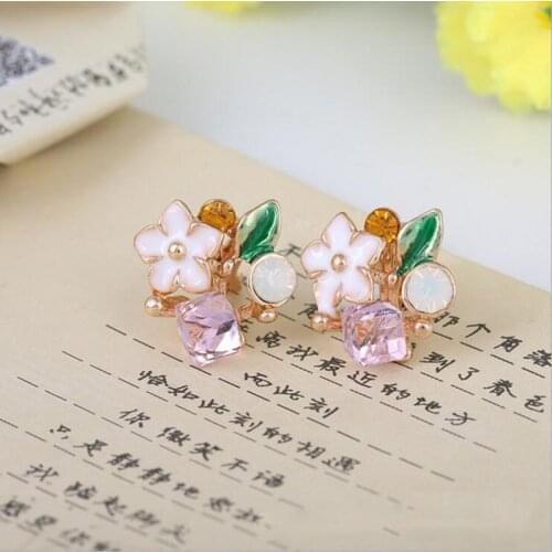 Grace Jun(TM) High Quality Square Crystal Enamel Flower Clip on Earrings Without Piercing for Girls Party Needn't Ear Hole
