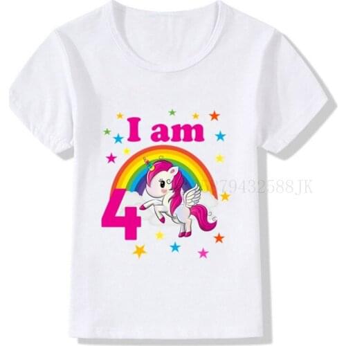 Kids Unicorn 4 Years Old Cartoon T Shirt Children I Am 4 Clothes T-shirts Boy&Girl Funny Birthday Number 4 Gift Tshirt Baby