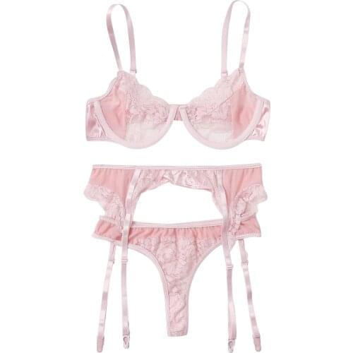 Women Sexy Solid color Underwire Bra Embroidery Thong lingerie set Perspective Temptation Erotic Underwear нижнее белье женское