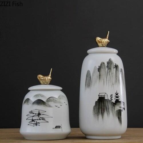 European Style Hand-painted Landscape Ceramic Jar Flower Living Room Decoration Golden Bird Storage Tank Home Decoration Modern
