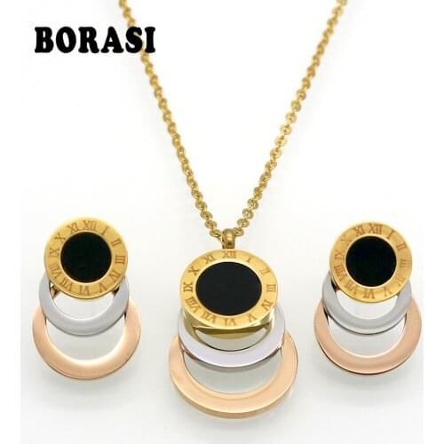 Consist 3 Colour Stainless Steel Jewelry Stes Brand Women Earrings & Necklace Jewelry Set For Female