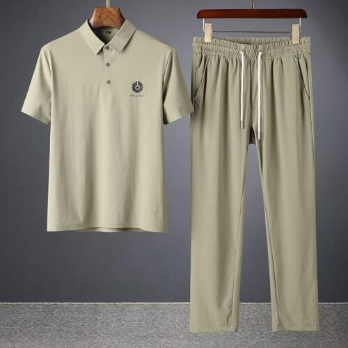 2021 summer high end seamless pressure rubber Lapel two piece set ultra thin ice silk mens leisure sports suit