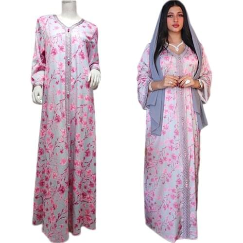 Moroccan Muslim Caftan Long Dress Floral Print Abaya Women Islamic Turkey Dubai V-neck Ethnic Maxi Robe Arabic Ramadan Fashion