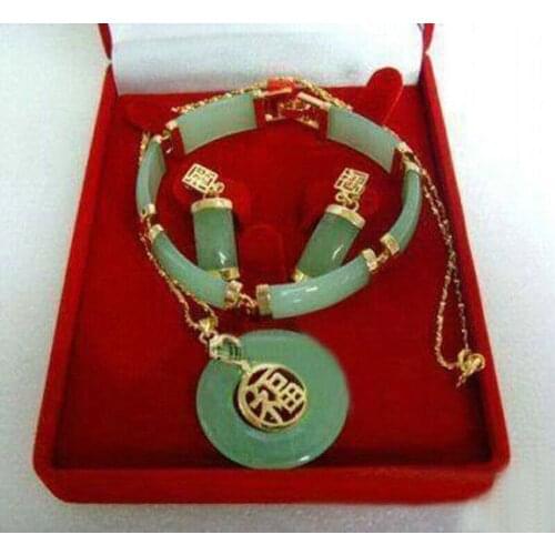 NATURAL GREEN JADE JADEITE CIRCLE DONUT PENDANT SET