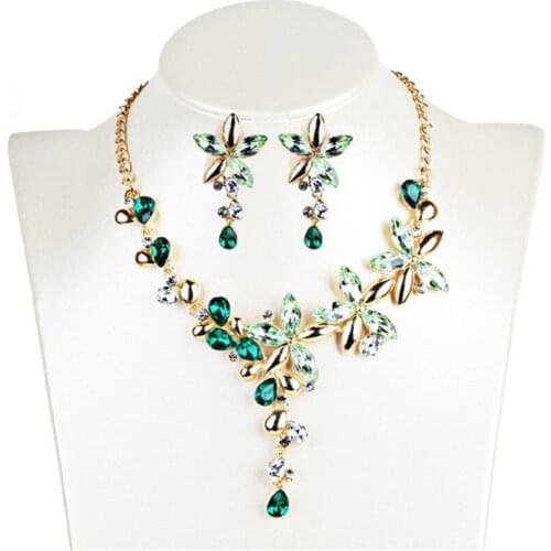 New Fashion Temperament Crystal Flower Necklaces for Women Blue Green Color Crystal Gold Necklace Earrings Set Wedding Jewelry