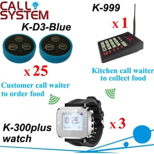 Guest caller paging system from china supplier 1 kitchen device 3 wrist pager and 25 table bell free DHL shipping