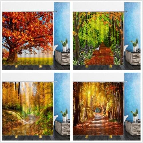 Natural Scenery Shower Curtains Autumn Forest Yellow Leaves 3D Landscape Bathroom Home Decor Waterproof Polyester Cloth Curtain