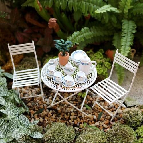 FairyCome Set of 19 PCS Fairy Garden Wire Metal Patio Miniatures Table and Chairs with Plates Tea Set Fairy House Furniture Kit