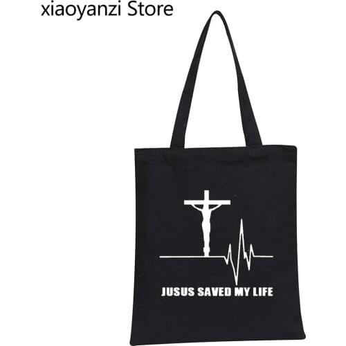New Jesus Saved My Life Shoulder Bags Savior God Religion Prayer Faith Christian Eco Reusable Shopping Bag Canvas Handbags