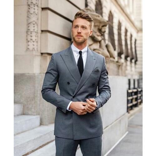 British Style Gray Wedding Suits Peaked Lapel Groom Formal Wear Prom Tuxedos Best Man Blazer Suit (Jacket+Pants)