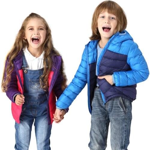 5-11Y Girls Boys Winter White Duck Down Light Jacket Children Hooded Patchwork Windproof Parka Coat for Girl Kids Warm Clothes