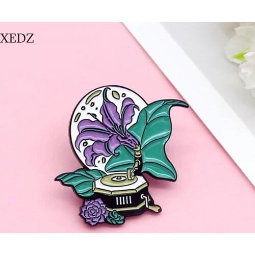 XEDZ Purple Gramophone Enamel Brooch Cow Orchid Glass Crystal Ball Turntable Punk Badge Jewelry Gift