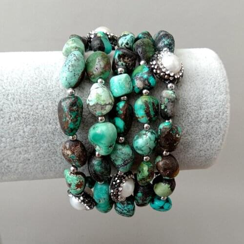 Y·YING 8'' 5 Rows handmade Natural Mixed Color Turquoises White freshwater Pearl strand Bracelet