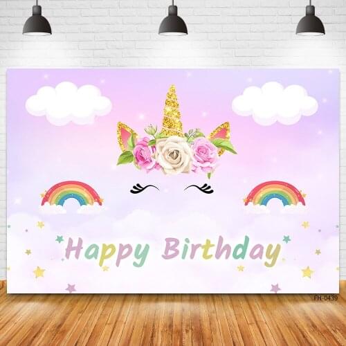 Photography Backdrop for Baby Child Girl Newborn Photocall Unicorn Clouds Rainbow Flowers Happy Birthday Party Custom Background
