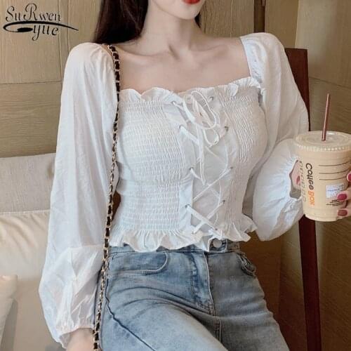 Womens Solid Lace Up Ruffled Blouse Crop Top For Female Girls Sweet Ruffles Slash Neck Full Lantern Sleeve Cropped Blouse 10160