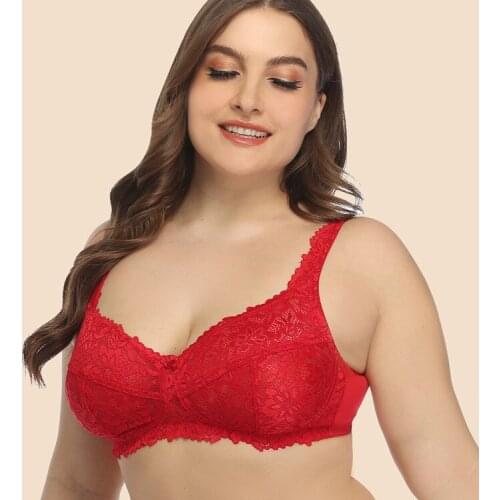 Womens Underwired Full Coverage Wire Free Mold Cup No Padding Floral Lace Plus Size Bra DD E F G Large Size Cup
