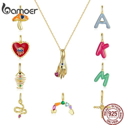 Bamoer 925 Sterling Silver Rainbow Crystal Enamel Red Heart Eye Charm Letter Snake Fishbone Charm Pendant for Necklace Women DIY
