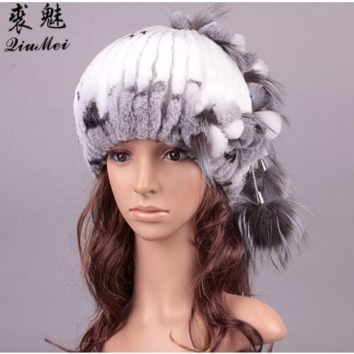 Winter Fur Hats Knitted Rex Rabbit Fur Fluffy Ball Design Hat Girls Casual Warm Lovely Caps Beanies Women New Russian Hat 2018