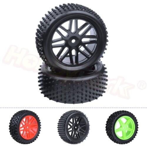 2x Rubber Rear Tires & Wheel Rim Hex 12mm Width :42mm For RC 1/10 Scale Off Road Buggy Nitro / Electric Power Fit HSP Backwash