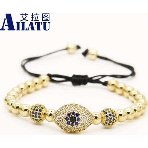 Ailatu 10pcs/lot High Grade Mens Jewelry 6mm Copper Beads with Blue Turkish Lucky Eye Cz Bracelets Party Christmas Gifts