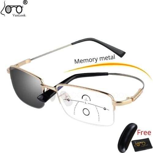 Photochromic Progressive Multifocal Reading Glasses With Diopters Mens Women Anti Blue Ray Memory Metal Gold Half Eyewear Frame
