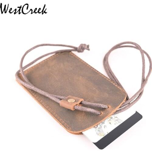 WESTCREEK Brand Men Handmade Leather Removable Lanyard Women Bus Credit Card Holder Retro Minimalist Cowhide Thin Card Sets