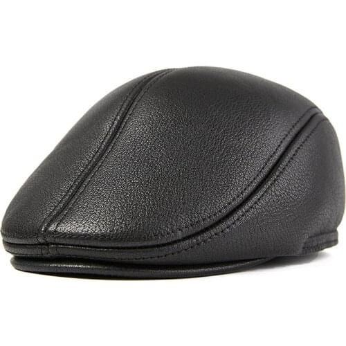 Fibonacci Genuine Leathera Newsboy Caps Middle Aged Vintage Flat Cap Ear Protection Beret Hat 2020 High-quality Forward Cap