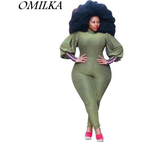 OMILKA 2018 Autumn Winter Women Lantern Sleeve Turtleneck Bodycon Rompers and Jumpsuits Sexy Green Shiny Club Party Overalls