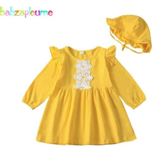 2Piece Spring Fall Newborn Baby Clothes Long Sleeve Cotton Yellow Princess Toddler Dresses+Hat Little Girls Clothing Set BC2026