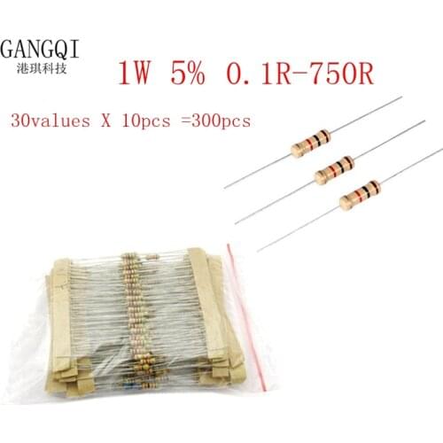 300pcs Resistor Kit 1W 5% 30values X 10pcs Carbon Film Resistance 0.1-750 ohm Set 1R 1.5R 2R 10R 15R 3.3R 4.7R 5.6R 75R 330R470R