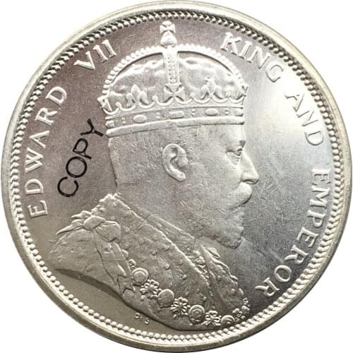 Malaysia Straits Settlements 1909 One 1 Dollar Edward VII Brass Silver Plated Copy Coin