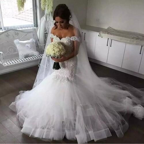 Modest Mermaid Lace Wedding Dresses 2020 robe de mariee Off The Shoulder Wedding Gowns Sweep Train Custom Made Bride Dress