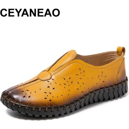 CEYANEAO Summer Genuine Leather Vintage Loafers Shoes Women Lazy Slip-On Handmade Leather Breathable Hollow Soft Shoes Woman