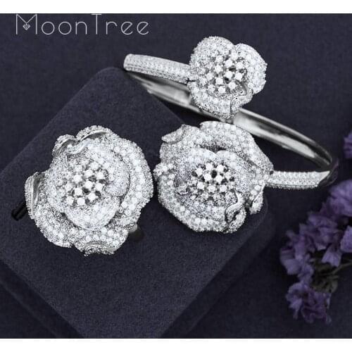MoonTree Exclusive Lucky Flowers Full Mirco Paved Cubic Zirconia Women Bracelet Bangle Ring Set Dress Jewelry Sets