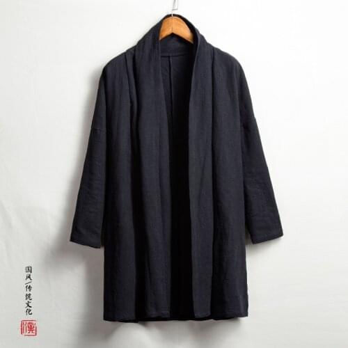 Men High Qualiyt Cotton Linen Long Jacket China Style Kongfu Coat Male Loose Kimono Cardigan Overcoat