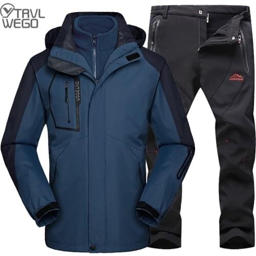 TRVLWEGO Men Camping Hiking 2 In 1 Jacket Soft Shell Pants Outdoor Ski Waterproof Windproof Thicken Fleece Trekking Keep Warm
