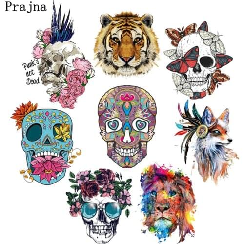 Prajna Skull Patch Iron-on Transfer Patches For Clothing Stickers Punk Animal Tiger Heat Thermal transfers For Clothes Applique