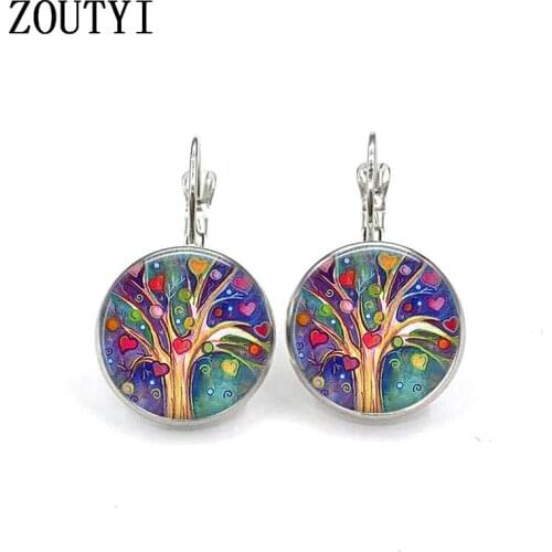 New / Charm Rainbow Tree of Life Colorful keychain convex and concave glass vintage silver color jewelry female earrings