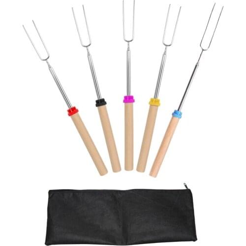 5Pack Marshmallow Roasting Sticks with Wooden Handle Extendable Forks Telescoping Skewers for Campfire Firepit and Sausage BBQ